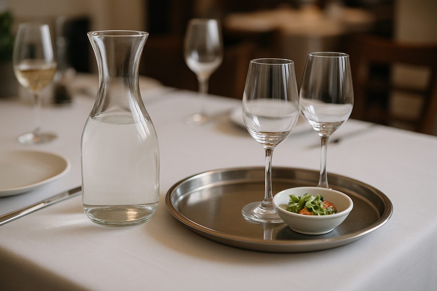 Een tafel dekken voor gasten: karaf en dienblad
